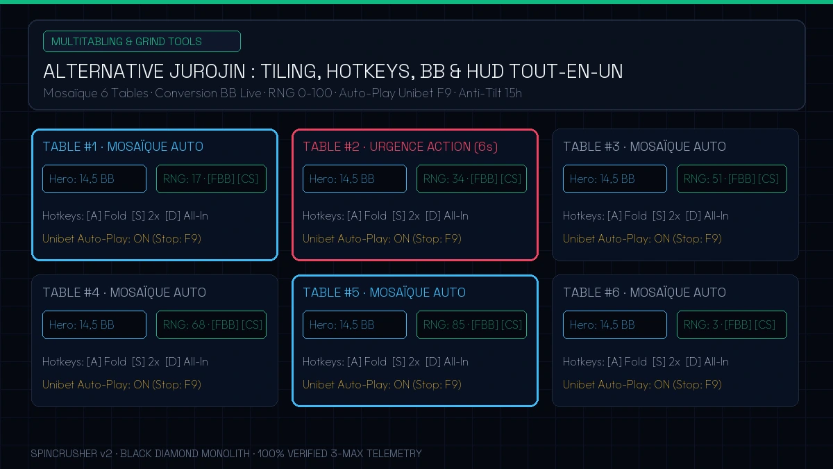 Alternative à Jurojin Poker : placement automatique des tables, hotkeys, conversion BB et HUD intégrés dans SpinCrusher