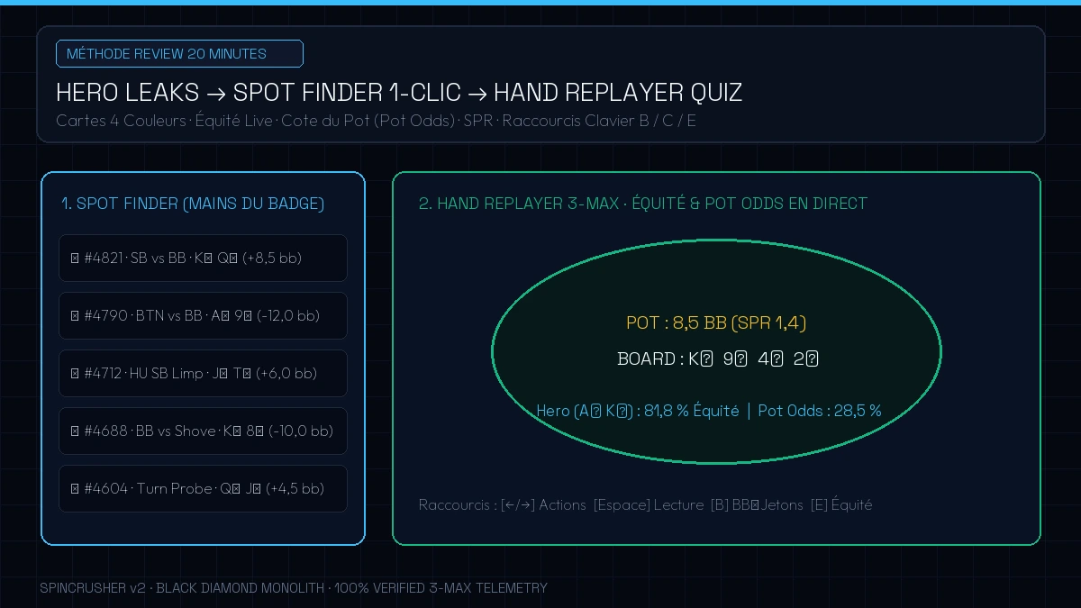 Interface Hand Replayer 4 couleurs avec calcul d'équité en direct et Spot Finder SpinCrusher