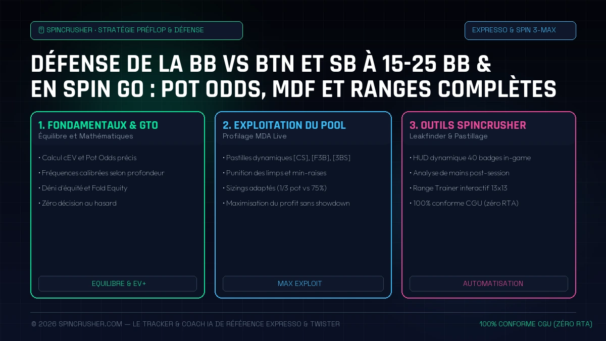 Défense de la BB vs BTN et SB à 15-25 BB en Spin & Go : Pot Odds, MDF et Ranges Complètes