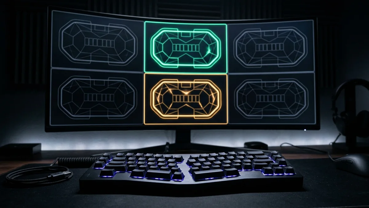 Poste de multitabling poker optimisé avec grille de 6 tables, bordures lumineuses d'action et raccourcis clavier