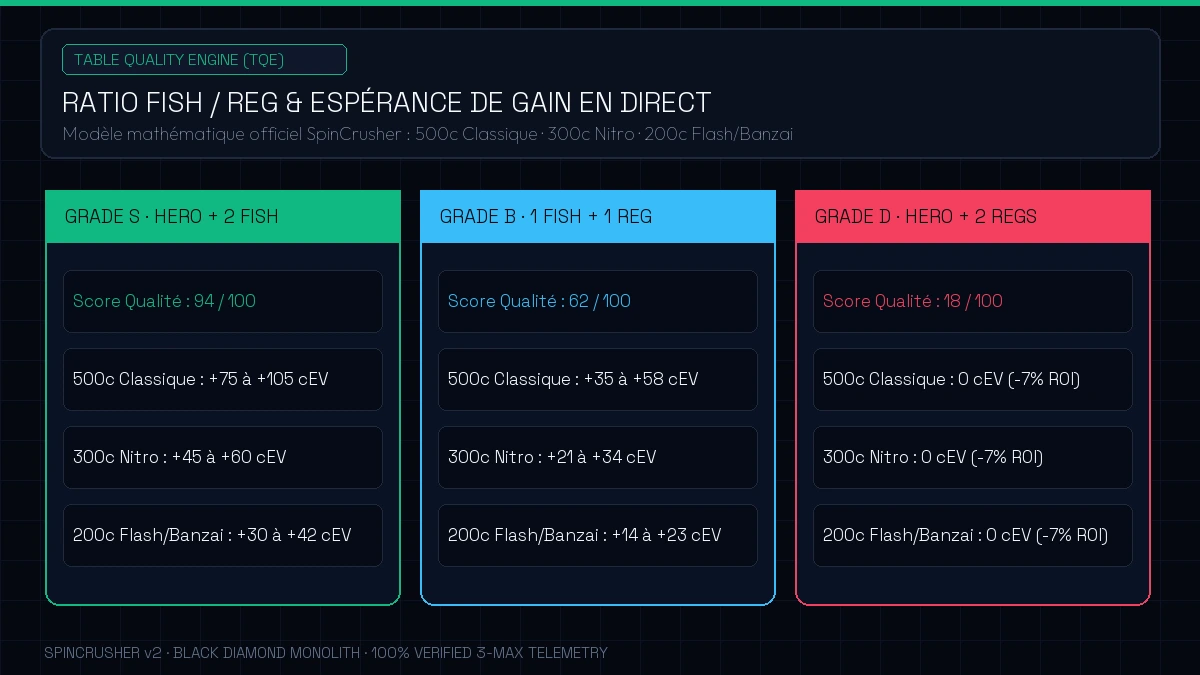 Simulateur de qualité de table et calcul d'EV Fish vs Reg en Spin & Go basé sur le Table Quality Engine SpinCrusher